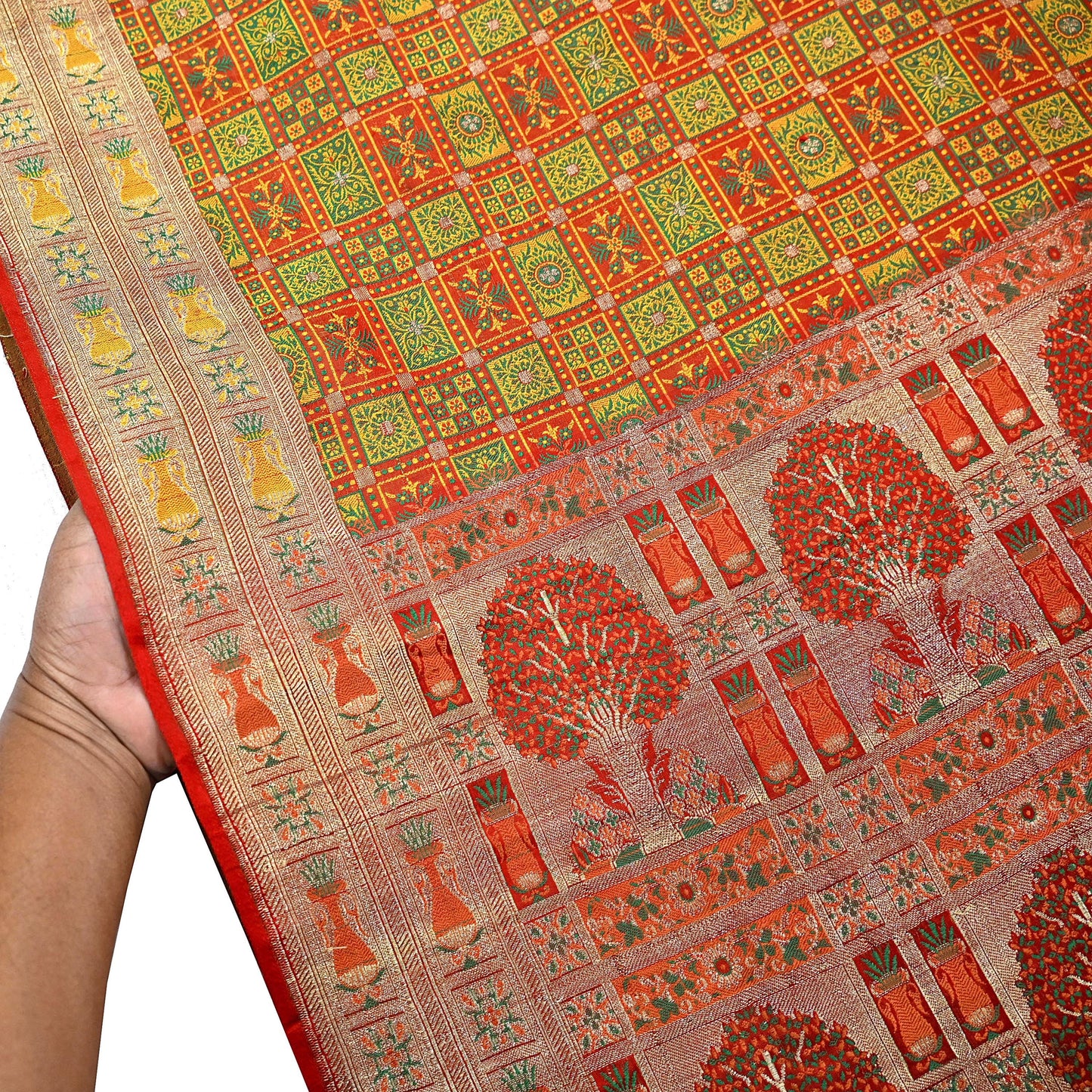 Indian Vintage Heavy Sari Orange Pure Satin Silk Woven Tanchoi Sarees 5Yd Craft Fabric Soft Wedding Sarees Upcycle For Crafting Used