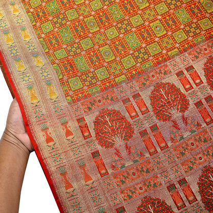 Indian Vintage Heavy Sari Orange Pure Satin Silk Woven Tanchoi Sarees 5Yd Craft Fabric Soft Wedding Sarees Upcycle For Crafting Used