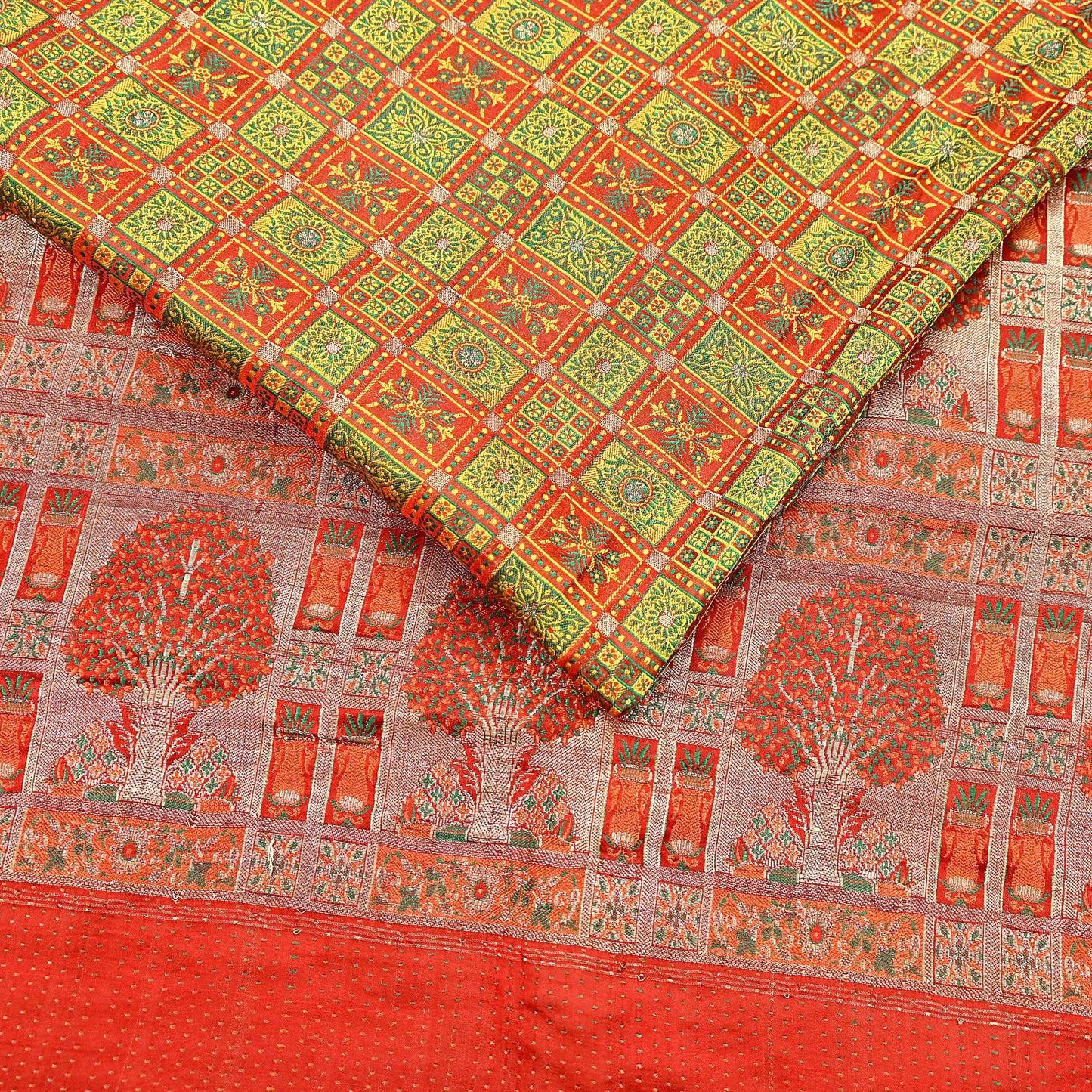 Indian Vintage Heavy Sari Orange Pure Satin Silk Woven Tanchoi Sarees 5Yd Craft Fabric Soft Wedding Sarees Upcycle For Crafting Used