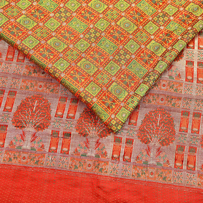 Indian Vintage Heavy Sari Orange Pure Satin Silk Woven Tanchoi Sarees 5Yd Craft Fabric Soft Wedding Sarees Upcycle For Crafting Used