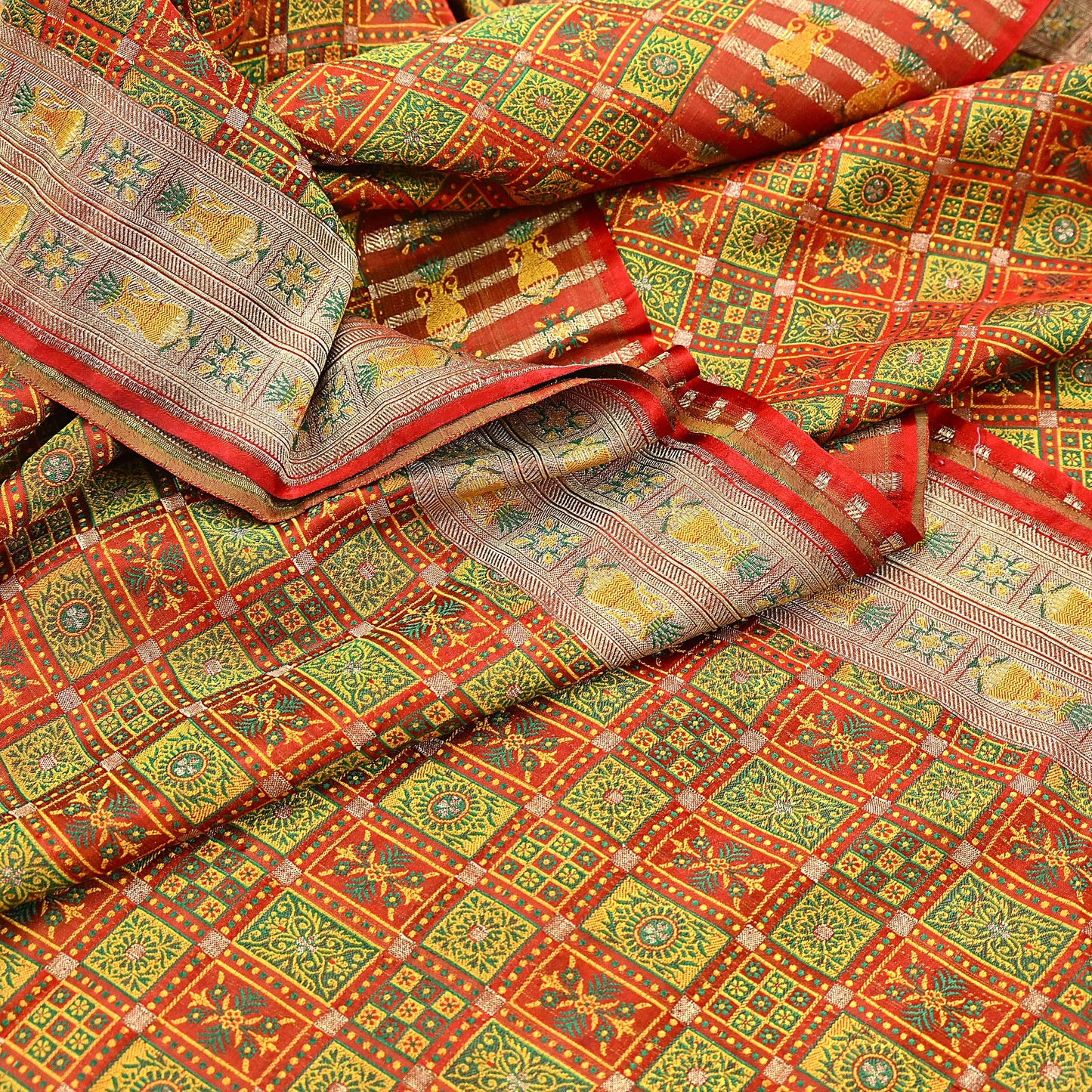 Indian Vintage Heavy Sari Orange Pure Satin Silk Woven Tanchoi Sarees 5Yd Craft Fabric Soft Wedding Sarees Upcycle For Crafting Used