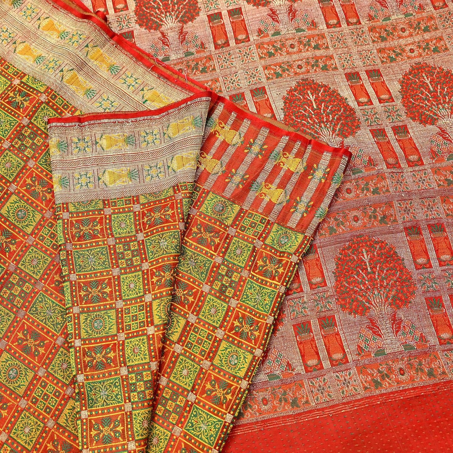 Indian Vintage Heavy Sari Orange Pure Satin Silk Woven Tanchoi Sarees 5Yd Craft Fabric Soft Wedding Sarees Upcycle For Crafting Used