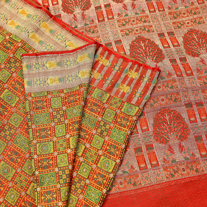 Indian Vintage Heavy Sari Orange Pure Satin Silk Woven Tanchoi Sarees 5Yd Craft Fabric Soft Wedding Sarees Upcycle For Crafting Used