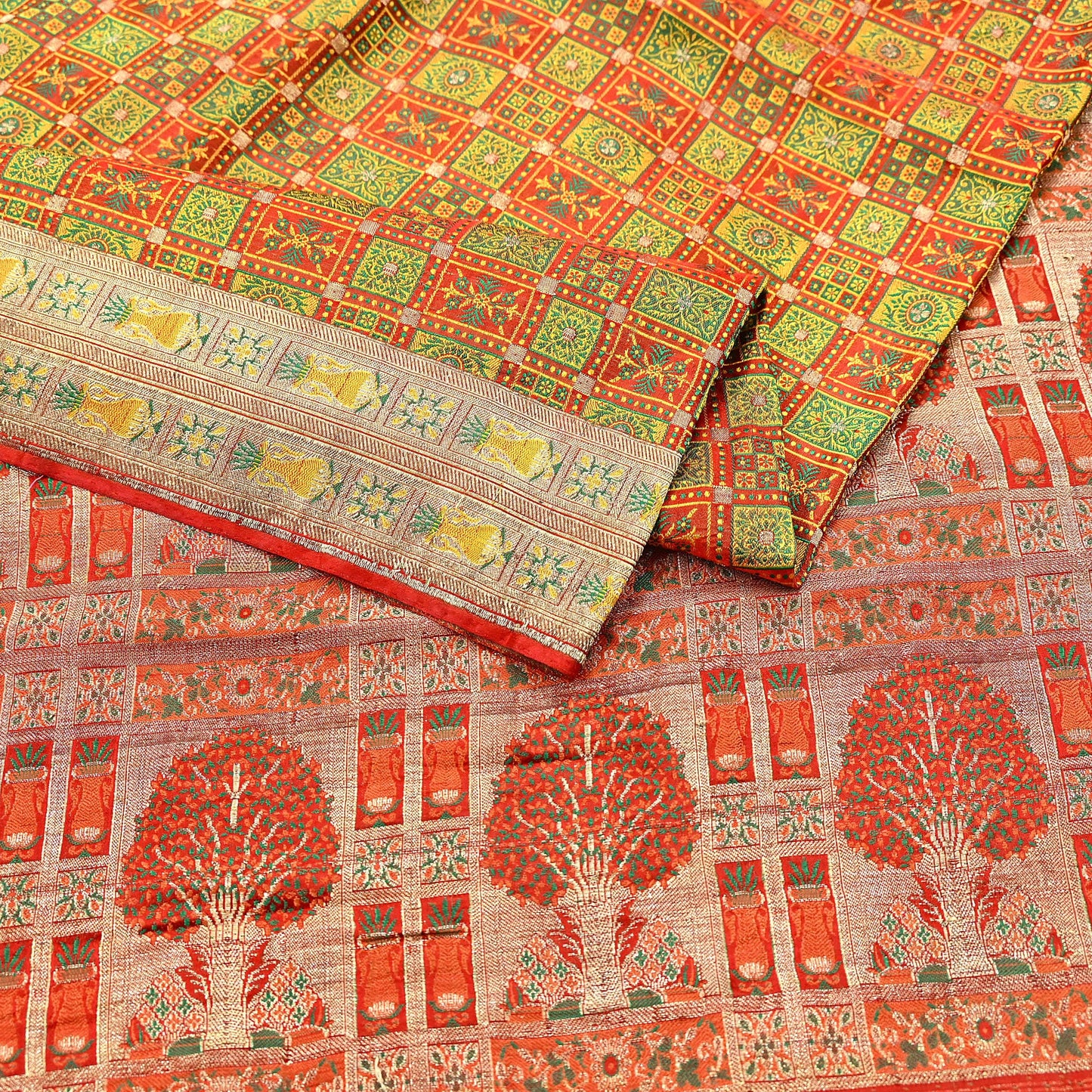 Indian Vintage Heavy Sari Orange Pure Satin Silk Woven Tanchoi Sarees 5Yd Craft Fabric Soft Wedding Sarees Upcycle For Crafting Used