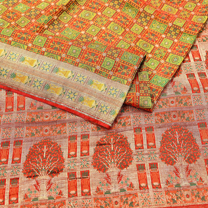 Indian Vintage Heavy Sari Orange Pure Satin Silk Woven Tanchoi Sarees 5Yd Craft Fabric Soft Wedding Sarees Upcycle For Crafting Used