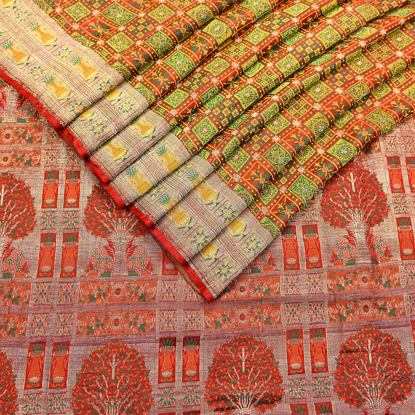 Indian Vintage Heavy Sari Orange Pure Satin Silk Woven Tanchoi Sarees 5Yd Craft Fabric Soft Wedding Sarees Upcycle For Crafting Used