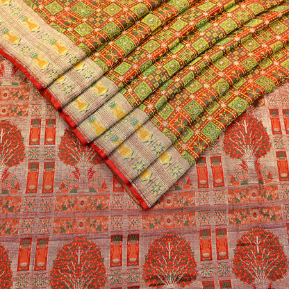 Indian Vintage Heavy Sari Orange Pure Satin Silk Woven Tanchoi Sarees 5Yd Craft Fabric Soft Wedding Sarees Upcycle For Crafting Used