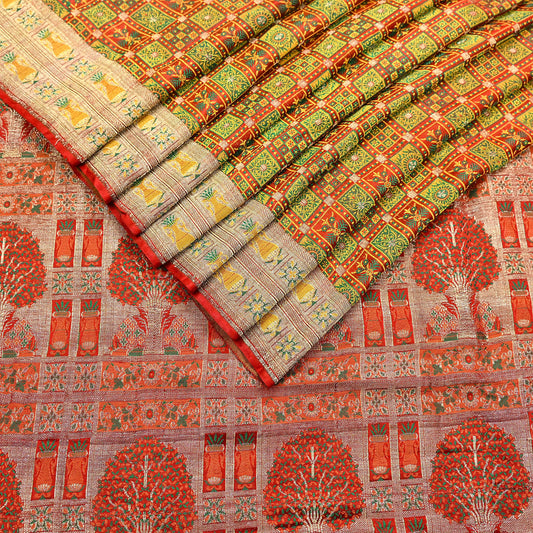 Indian Vintage Heavy Sari Orange Pure Satin Silk Woven Tanchoi Sarees 5Yd Craft Fabric Soft Wedding Sarees Upcycle For Crafting Used