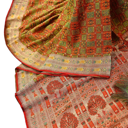 Indian Vintage Heavy Sari Orange Pure Satin Silk Woven Tanchoi Sarees 5Yd Craft Fabric Soft Wedding Sarees Upcycle For Crafting Used