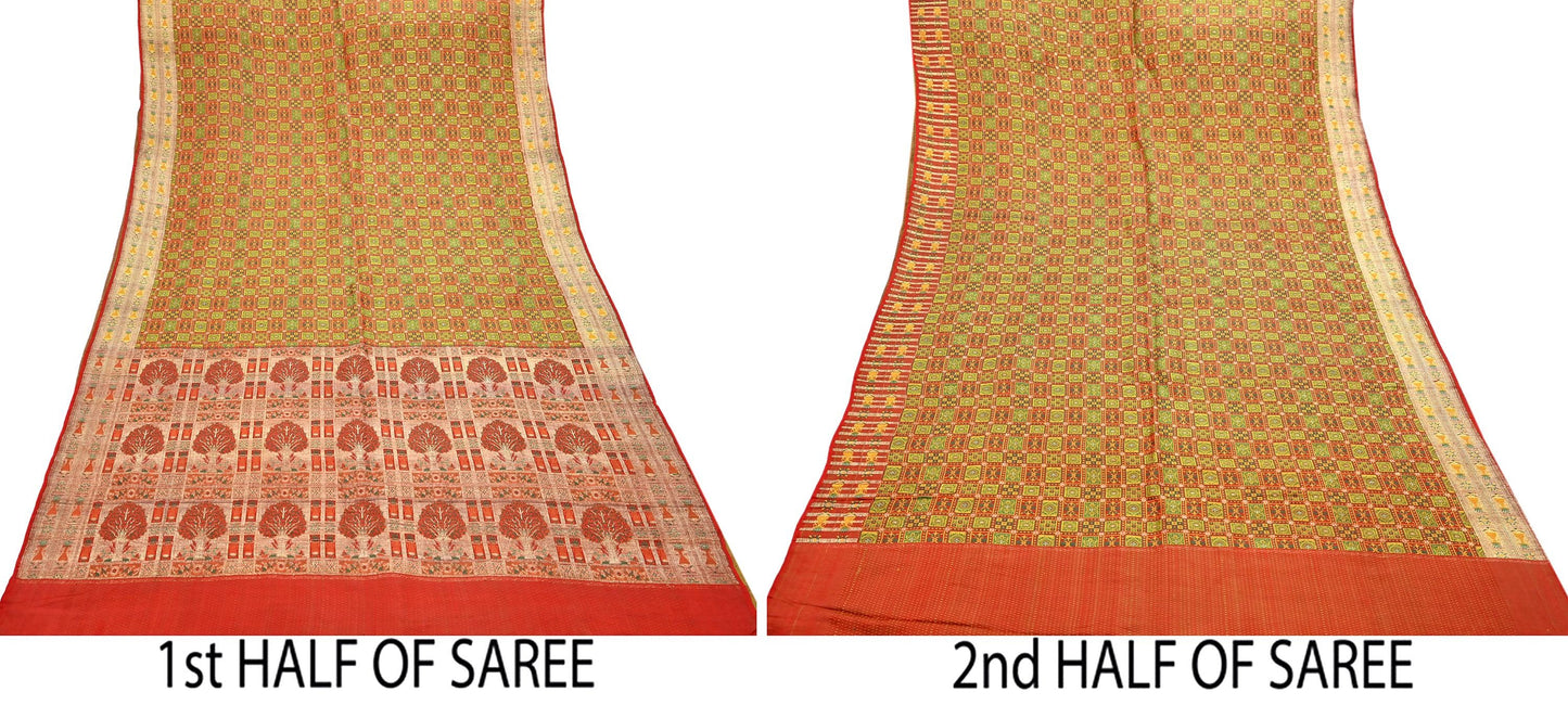 Indian Vintage Heavy Sari Orange Pure Satin Silk Woven Tanchoi Sarees 5Yd Craft Fabric Soft Wedding Sarees Upcycle For Crafting Used