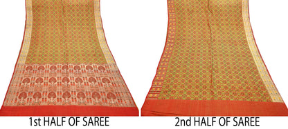 Indian Vintage Heavy Sari Orange Pure Satin Silk Woven Tanchoi Sarees 5Yd Craft Fabric Soft Wedding Sarees Upcycle For Crafting Used