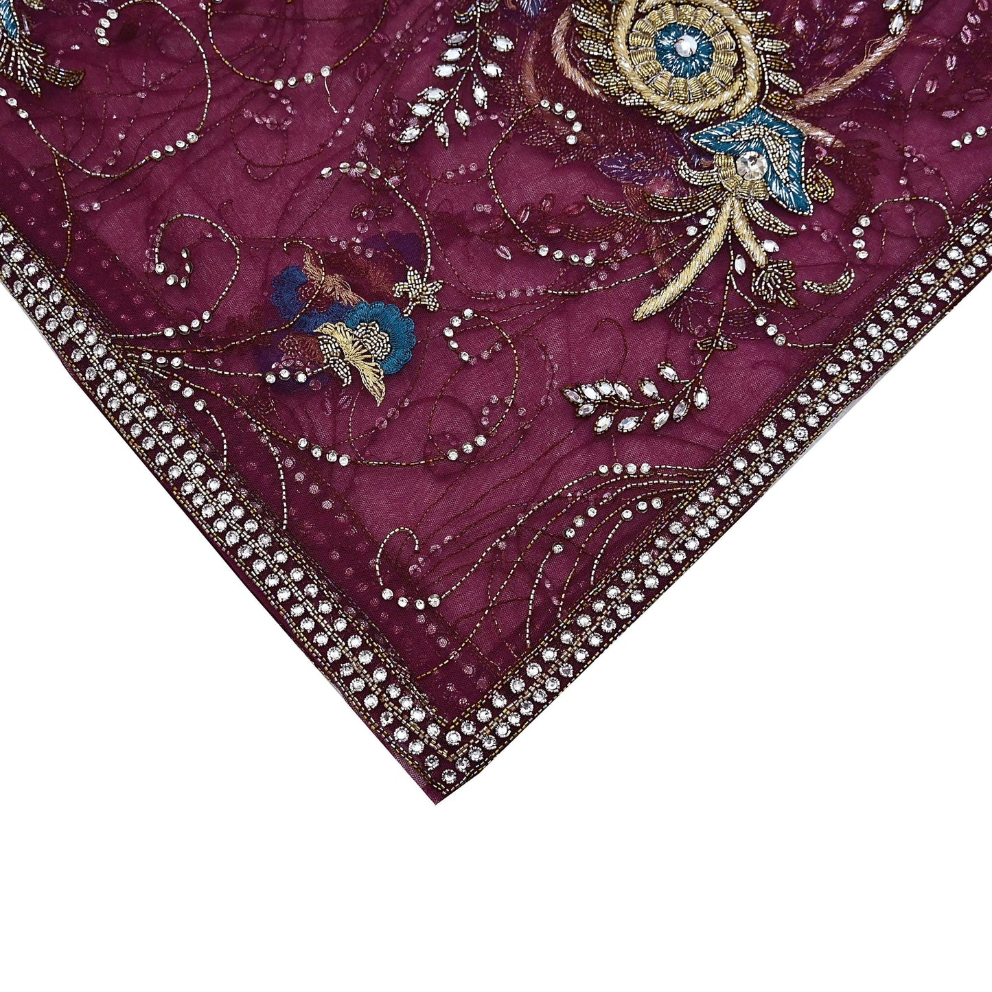 Indian Vintage Heavy Wedding Maroon Dupatta Net Mesh Long Stole Hand Embroidered Scarves Golden Zardozi Zari Sequins Dridal Veil Hijab
