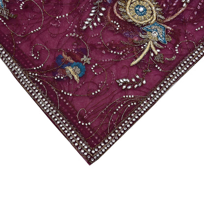 Indian Vintage Heavy Wedding Maroon Dupatta Net Mesh Long Stole Hand Embroidered Scarves Golden Zardozi Zari Sequins Dridal Veil Hijab