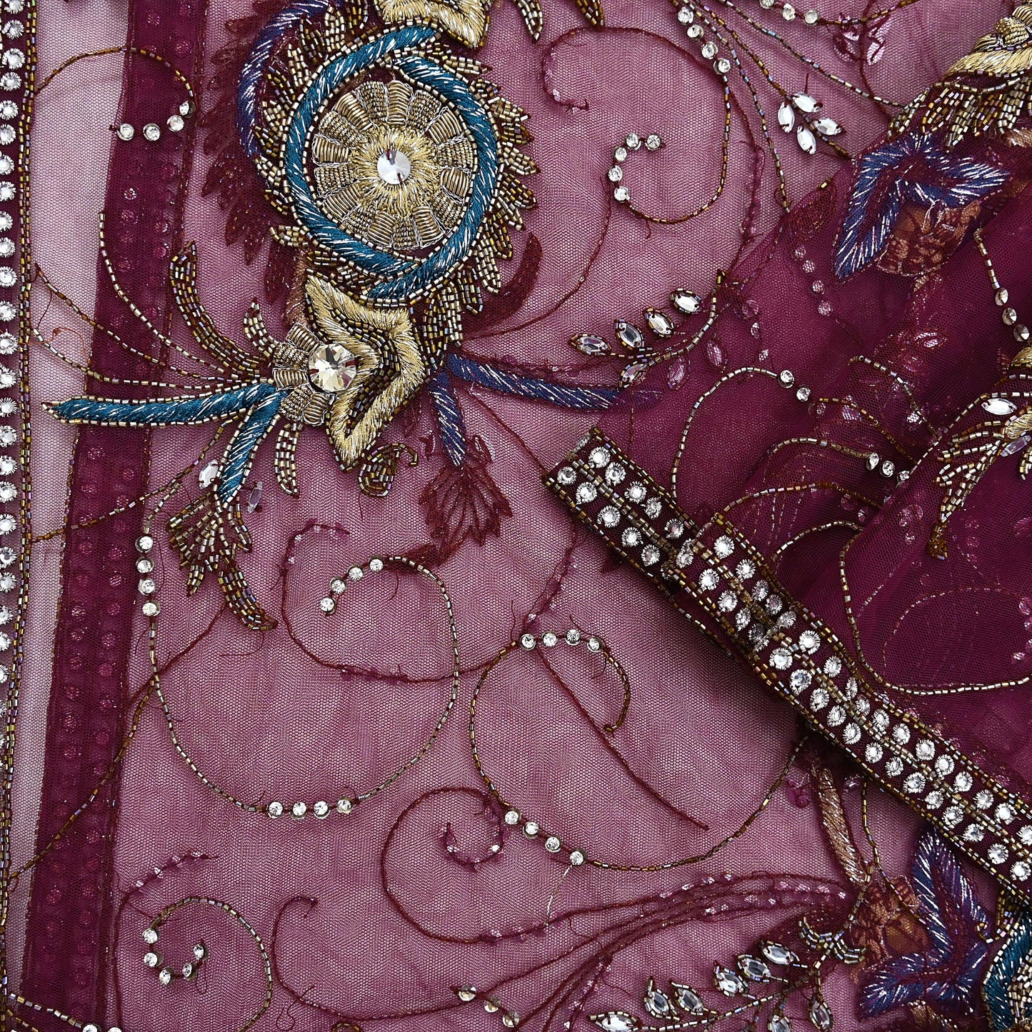 Indian Vintage Heavy Wedding Maroon Dupatta Net Mesh Long Stole Hand Embroidered Scarves Golden Zardozi Zari Sequins Dridal Veil Hijab