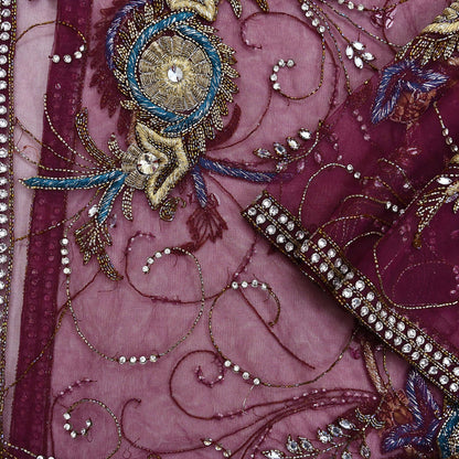 Indian Vintage Heavy Wedding Maroon Dupatta Net Mesh Long Stole Hand Embroidered Scarves Golden Zardozi Zari Sequins Dridal Veil Hijab