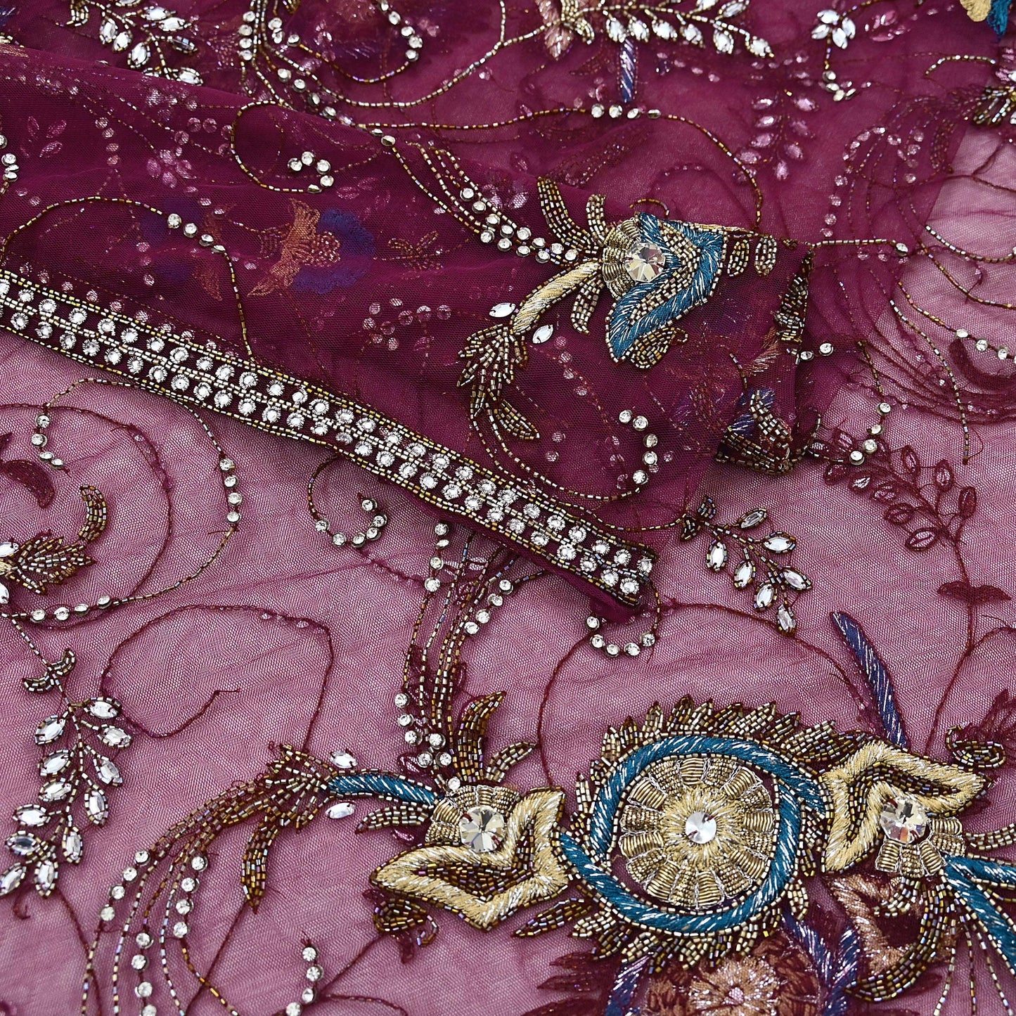 Indian Vintage Heavy Wedding Maroon Dupatta Net Mesh Long Stole Hand Embroidered Scarves Golden Zardozi Zari Sequins Dridal Veil Hijab