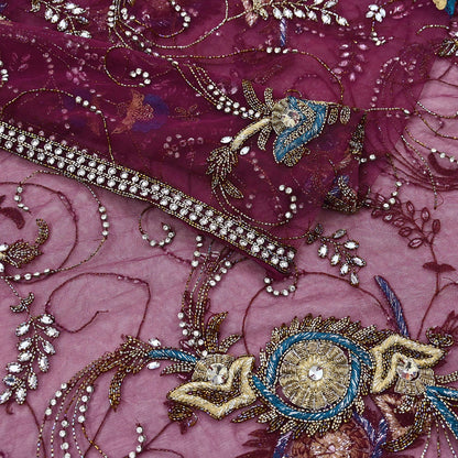 Indian Vintage Heavy Wedding Maroon Dupatta Net Mesh Long Stole Hand Embroidered Scarves Golden Zardozi Zari Sequins Dridal Veil Hijab