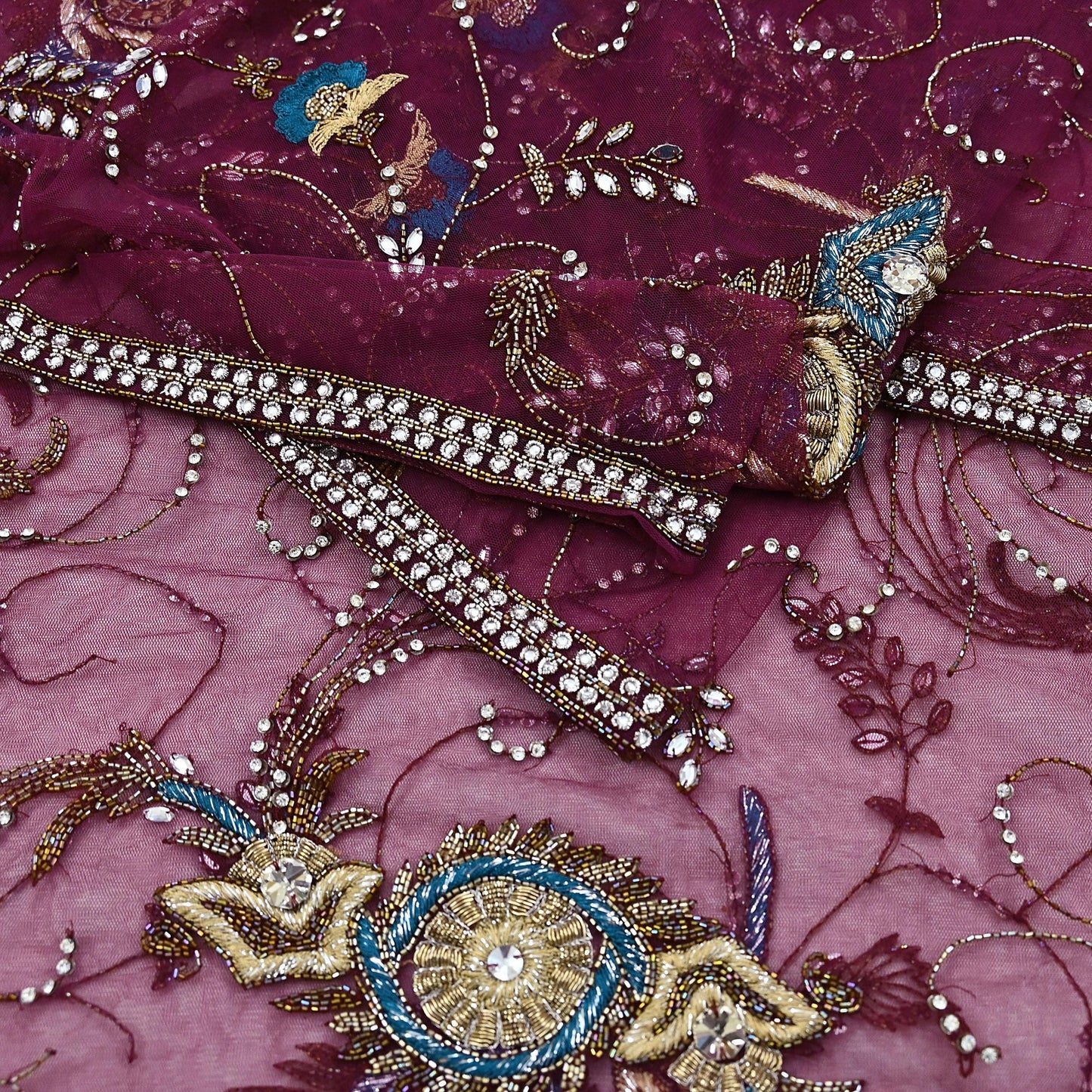 Indian Vintage Heavy Wedding Maroon Dupatta Net Mesh Long Stole Hand Embroidered Scarves Golden Zardozi Zari Sequins Dridal Veil Hijab