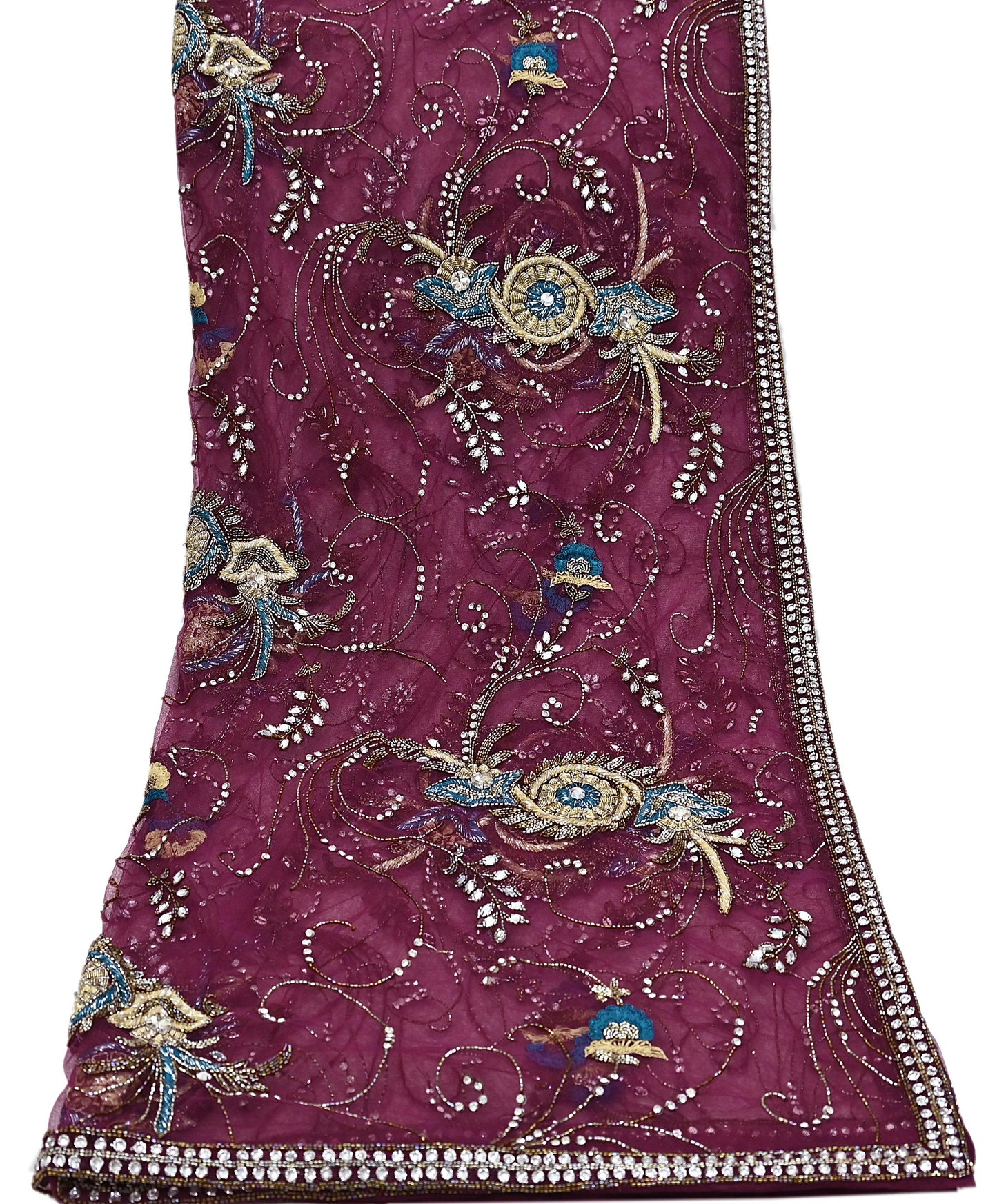 Indian Vintage Heavy Wedding Maroon Dupatta Net Mesh Long Stole Hand Embroidered Scarves Golden Zardozi Zari Sequins Dridal Veil Hijab