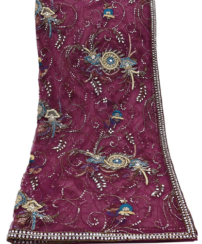 Indian Vintage Heavy Wedding Maroon Dupatta Net Mesh Long Stole Hand Embroidered Scarves Golden Zardozi Zari Sequins Dridal Veil Hijab