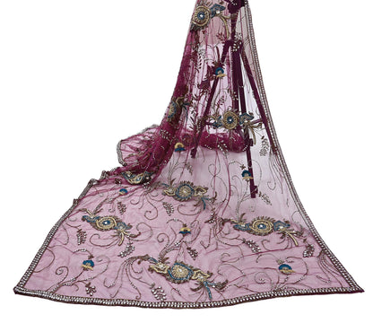 Indian Vintage Heavy Wedding Maroon Dupatta Net Mesh Long Stole Hand Embroidered Scarves Golden Zardozi Zari Sequins Dridal Veil Hijab