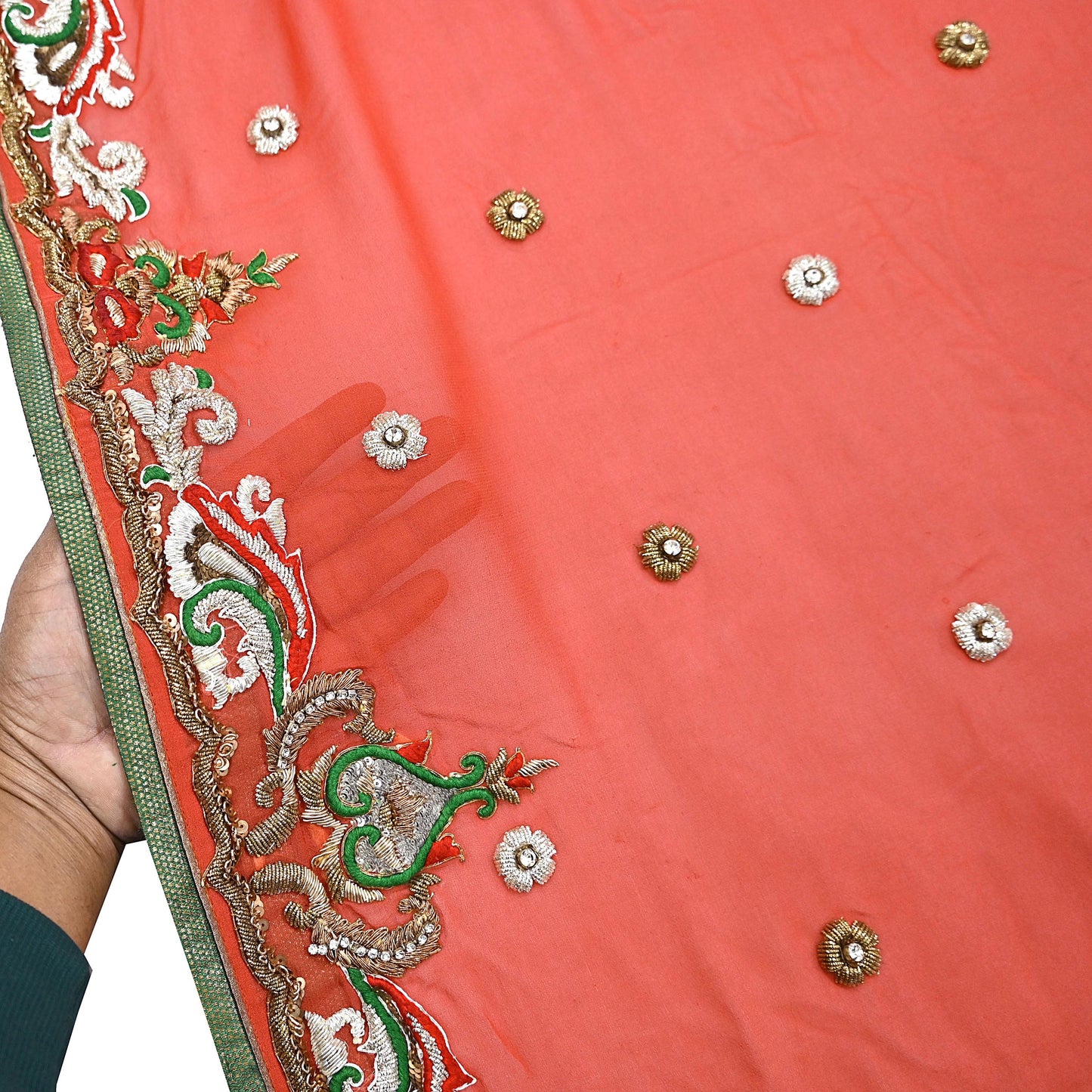 Indian Vintage Heavy Orange Dupatta Pure Georgette Silk Long Stole Hand Embroidered  Scarves Zardozi Wedding Party wear