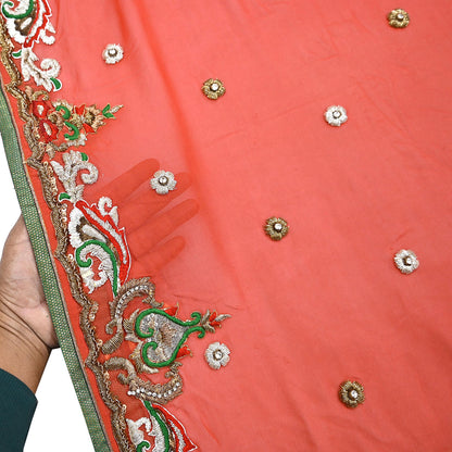 Indian Vintage Heavy Orange Dupatta Pure Georgette Silk Long Stole Hand Embroidered  Scarves Zardozi Wedding Party wear
