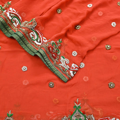 Indian Vintage Heavy Orange Dupatta Pure Georgette Silk Long Stole Hand Embroidered  Scarves Zardozi Wedding Party wear