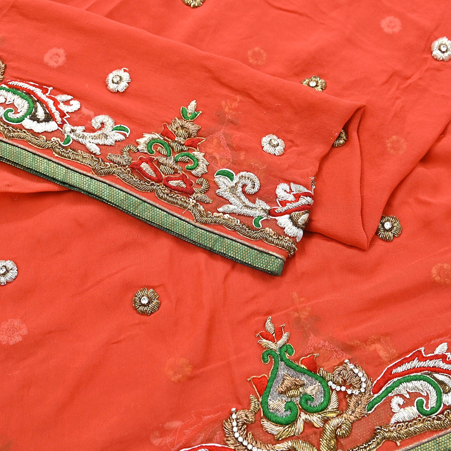 Indian Vintage Heavy Orange Dupatta Pure Georgette Silk Long Stole Hand Embroidered  Scarves Zardozi Wedding Party wear