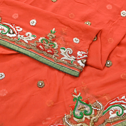 Indian Vintage Heavy Orange Dupatta Pure Georgette Silk Long Stole Hand Embroidered  Scarves Zardozi Wedding Party wear