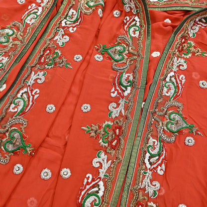 Indian Vintage Heavy Orange Dupatta Pure Georgette Silk Long Stole Hand Embroidered  Scarves Zardozi Wedding Party wear