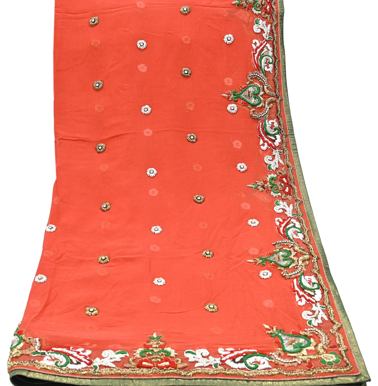 Indian Vintage Heavy Orange Dupatta Pure Georgette Silk Long Stole Hand Embroidered  Scarves Zardozi Wedding Party wear