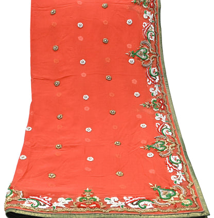 Indian Vintage Heavy Orange Dupatta Pure Georgette Silk Long Stole Hand Embroidered  Scarves Zardozi Wedding Party wear