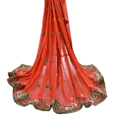 Indian Vintage Heavy Orange Dupatta Pure Georgette Silk Long Stole Hand Embroidered  Scarves Zardozi Wedding Party wear