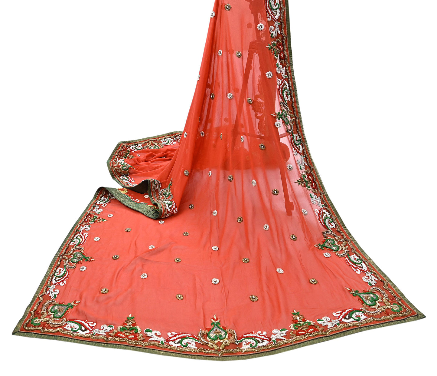 Indian Vintage Heavy Orange Dupatta Pure Georgette Silk Long Stole Hand Embroidered  Scarves Zardozi Wedding Party wear