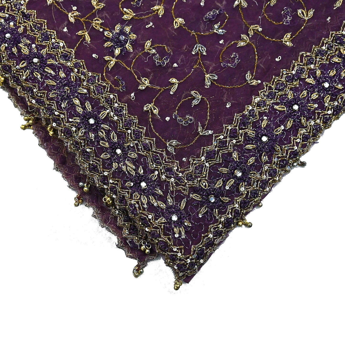 Indian Vintage Heavy Bridal Dupatta Purple Net Mesh Long Stole Hand Embroidered Scarves Golden Zardozi Dabka Zari Wedding Veil Hijab