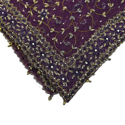 Indian Vintage Heavy Bridal Dupatta Purple Net Mesh Long Stole Hand Embroidered Scarves Golden Zardozi Dabka Zari Wedding Veil Hijab