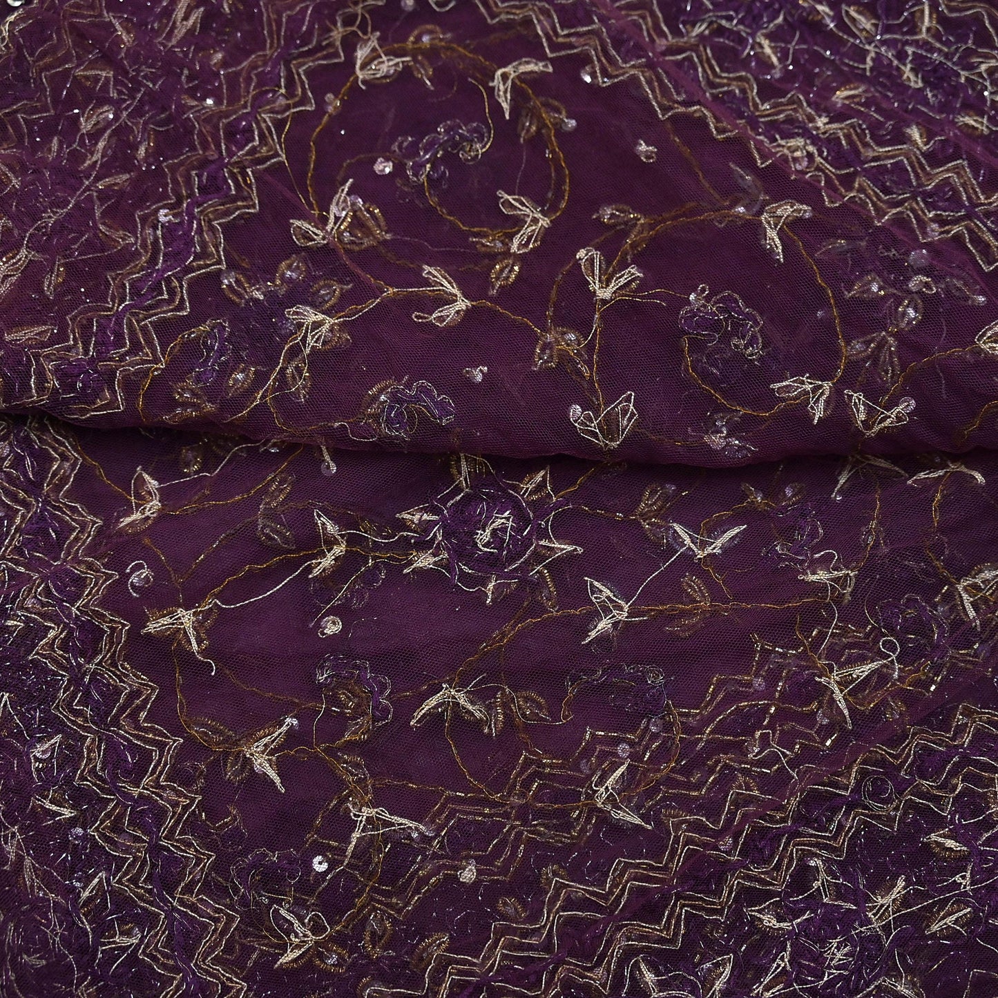 Indian Vintage Heavy Bridal Dupatta Purple Net Mesh Long Stole Hand Embroidered Scarves Golden Zardozi Dabka Zari Wedding Veil Hijab