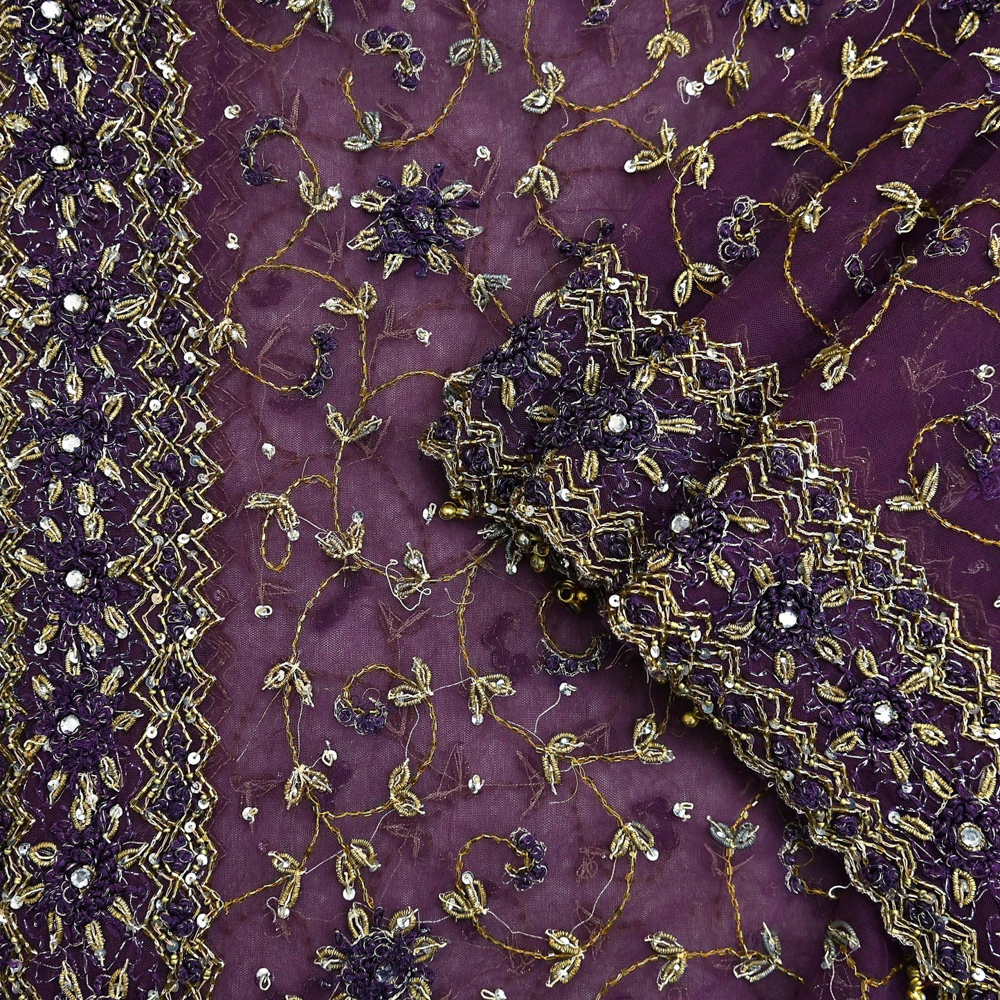 Indian Vintage Heavy Bridal Dupatta Purple Net Mesh Long Stole Hand Embroidered Scarves Golden Zardozi Dabka Zari Wedding Veil Hijab