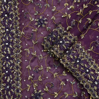 Indian Vintage Heavy Bridal Dupatta Purple Net Mesh Long Stole Hand Embroidered Scarves Golden Zardozi Dabka Zari Wedding Veil Hijab