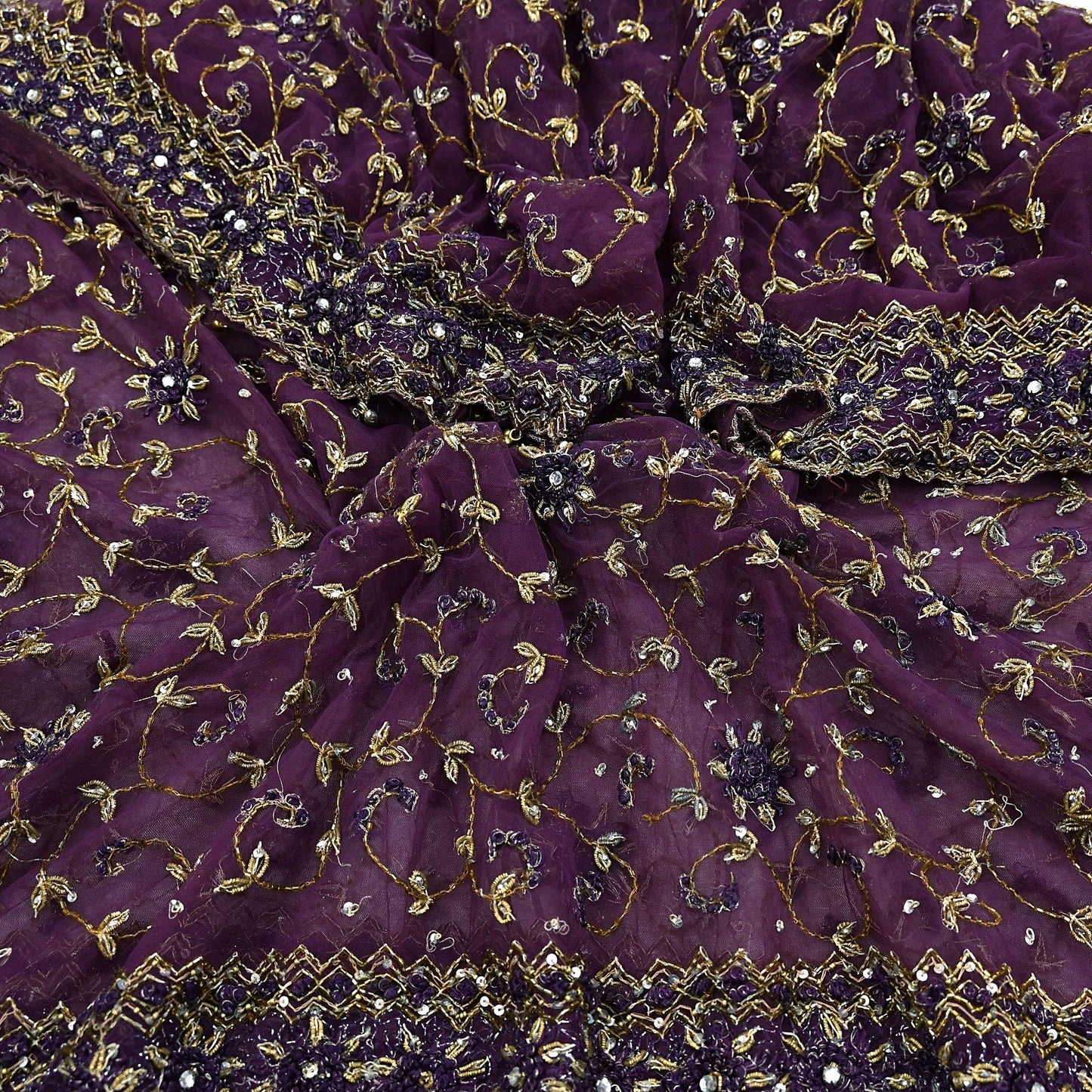 Indian Vintage Heavy Bridal Dupatta Purple Net Mesh Long Stole Hand Embroidered Scarves Golden Zardozi Dabka Zari Wedding Veil Hijab