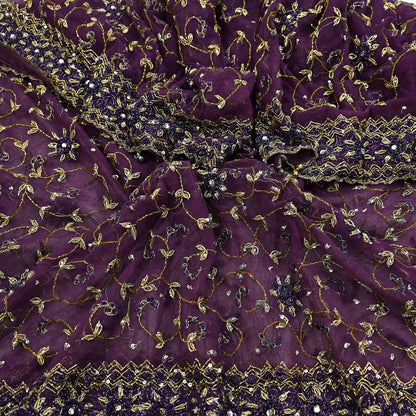 Indian Vintage Heavy Bridal Dupatta Purple Net Mesh Long Stole Hand Embroidered Scarves Golden Zardozi Dabka Zari Wedding Veil Hijab