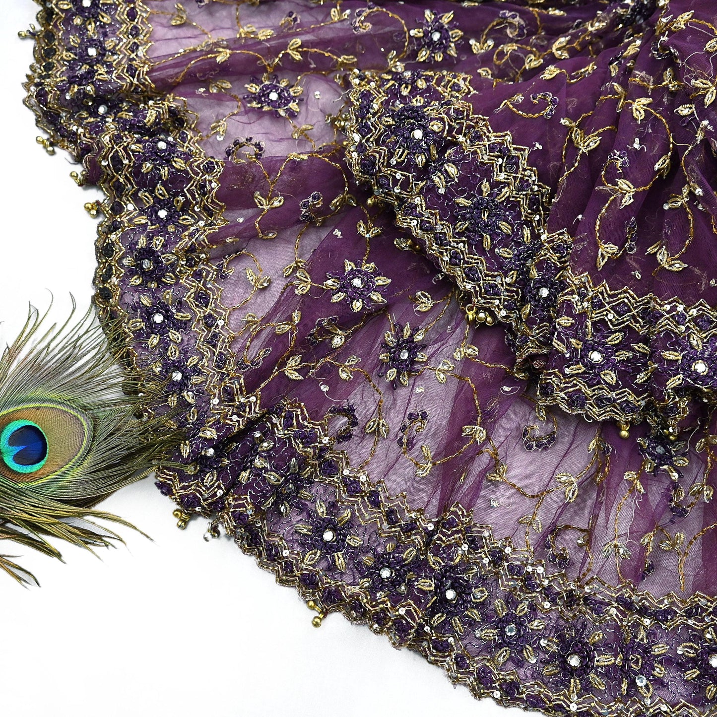 Indian Vintage Heavy Bridal Dupatta Purple Net Mesh Long Stole Hand Embroidered Scarves Golden Zardozi Dabka Zari Wedding Veil Hijab