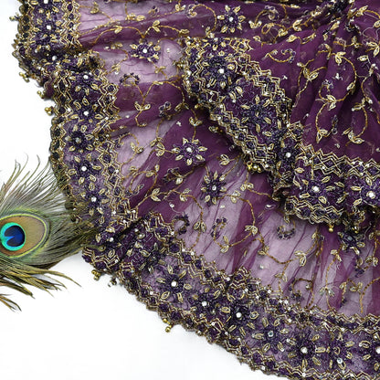 Indian Vintage Heavy Bridal Dupatta Purple Net Mesh Long Stole Hand Embroidered Scarves Golden Zardozi Dabka Zari Wedding Veil Hijab
