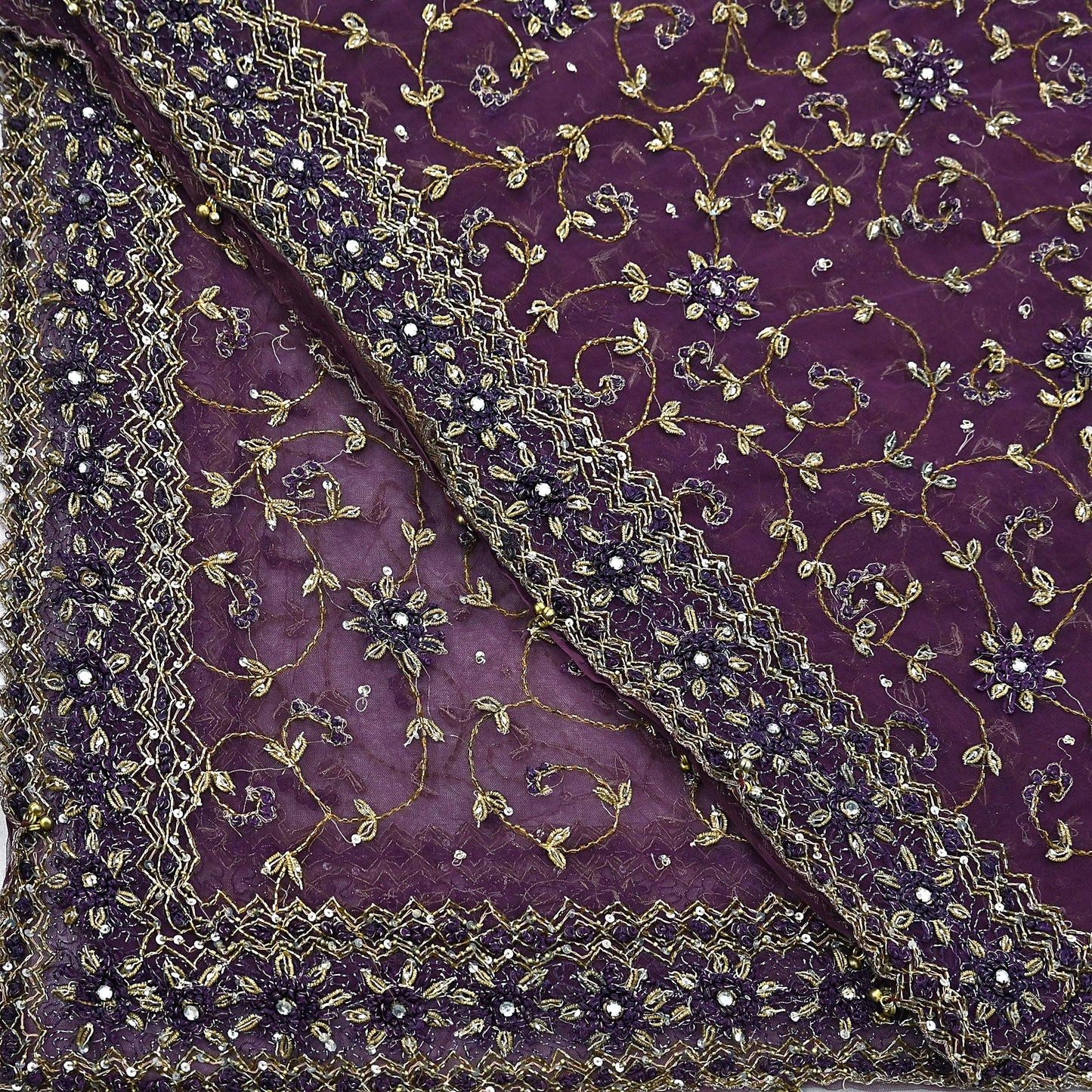 Indian Vintage Heavy Bridal Dupatta Purple Net Mesh Long Stole Hand Embroidered Scarves Golden Zardozi Dabka Zari Wedding Veil Hijab