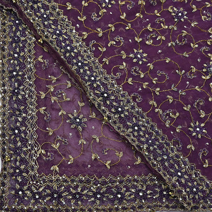 Indian Vintage Heavy Bridal Dupatta Purple Net Mesh Long Stole Hand Embroidered Scarves Golden Zardozi Dabka Zari Wedding Veil Hijab