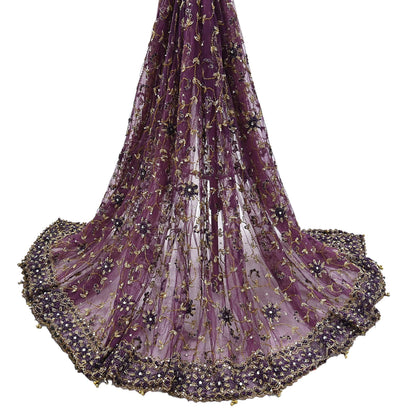 Indian Vintage Heavy Bridal Dupatta Purple Net Mesh Long Stole Hand Embroidered Scarves Golden Zardozi Dabka Zari Wedding Veil Hijab