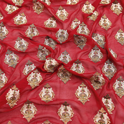 Indian Vintage Heavy Bridal Red Dupatta Pure Georgette Silk Long Stole Hand Embroidered Scarf Zardozi/Dabka Wedding red Hijab veil