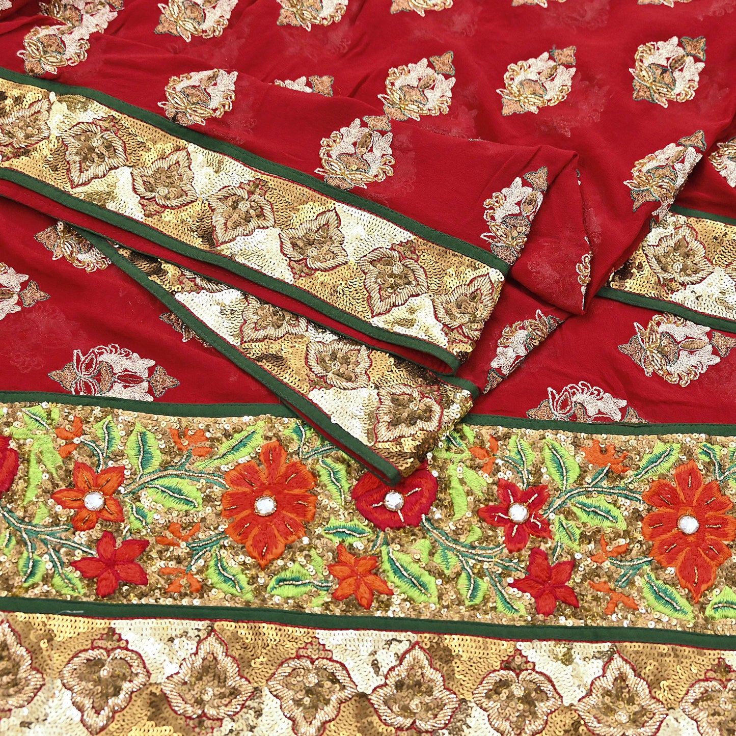 Indian Vintage Heavy Bridal Red Dupatta Pure Georgette Silk Long Stole Hand Embroidered Scarf Zardozi/Dabka Wedding red Hijab veil