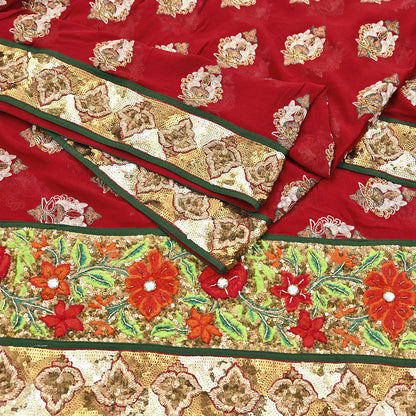 Indian Vintage Heavy Bridal Red Dupatta Pure Georgette Silk Long Stole Hand Embroidered Scarf Zardozi/Dabka Wedding red Hijab veil